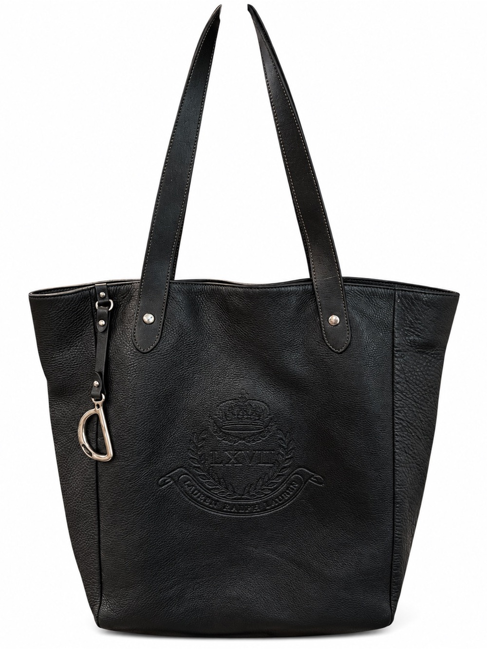 Lauren Ralph Lauren LXVII Black Leather Crest Tote Stirrup Charm Large